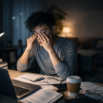 Pria kurang tidur terlihat lelah dan mengantuk saat bekerja di depan laptop pada malam hari.