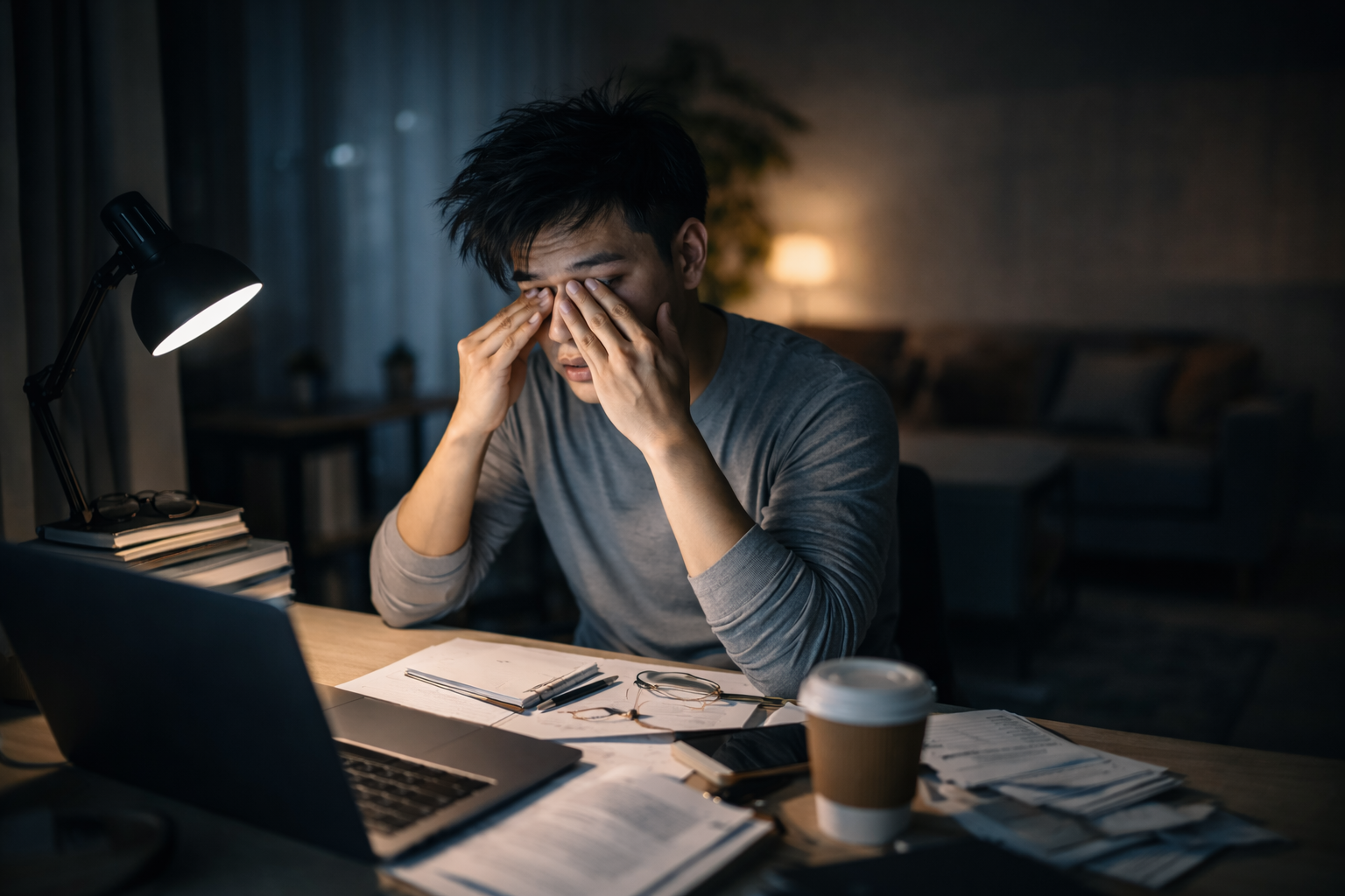 Pria kurang tidur terlihat lelah dan mengantuk saat bekerja di depan laptop pada malam hari.