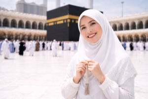 ibu jamaah umrah di makkah depan kaabah menggunakan hijab putih bersama agen umrah semarang terpercaya dan biaya umrah semarang terbaru