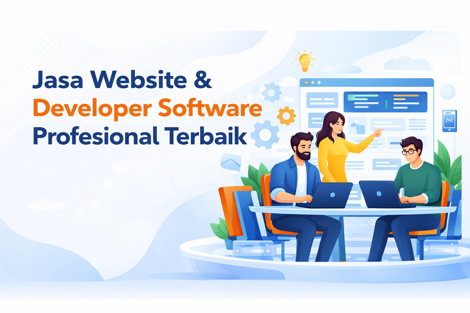 ilustrasi tim developer software profesional membuat website dan aplikasi modern untuk bisnis digital