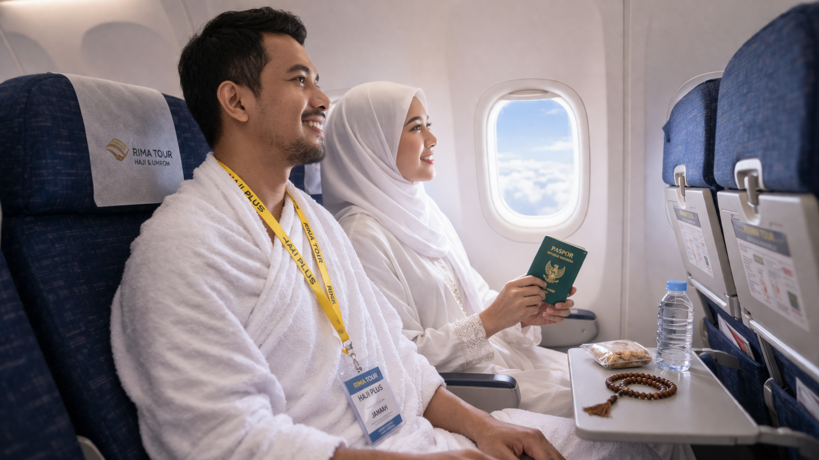 jamaah haji plus semarang duduk di dalam pesawat menuju tanah suci dengan suasana tenang dan bahagia