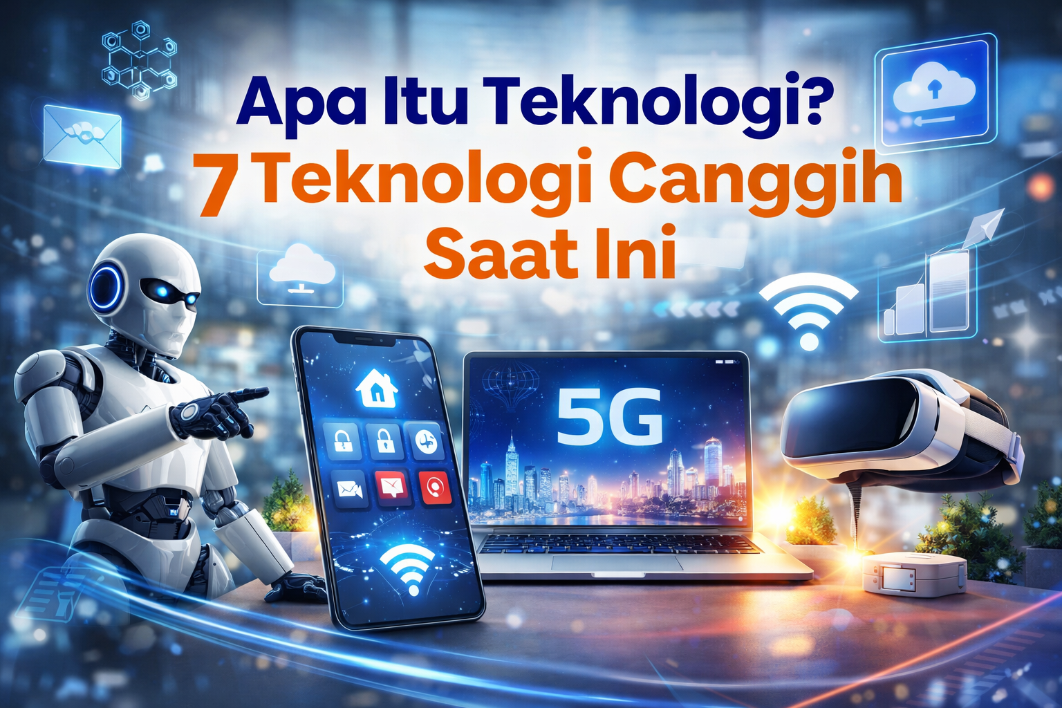 Ilustrasi teknologi canggih modern dengan robot smartphone laptop 5G dan VR berwarna merah futuristik