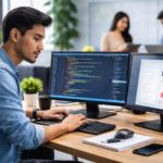 Seorang programmer atau developer software Indonesia bekerja di depan komputer dengan dual monitor menampilkan kode program di kantor modern sebagai ilustrasi jasa website dan pengembangan aplikasi profesional.