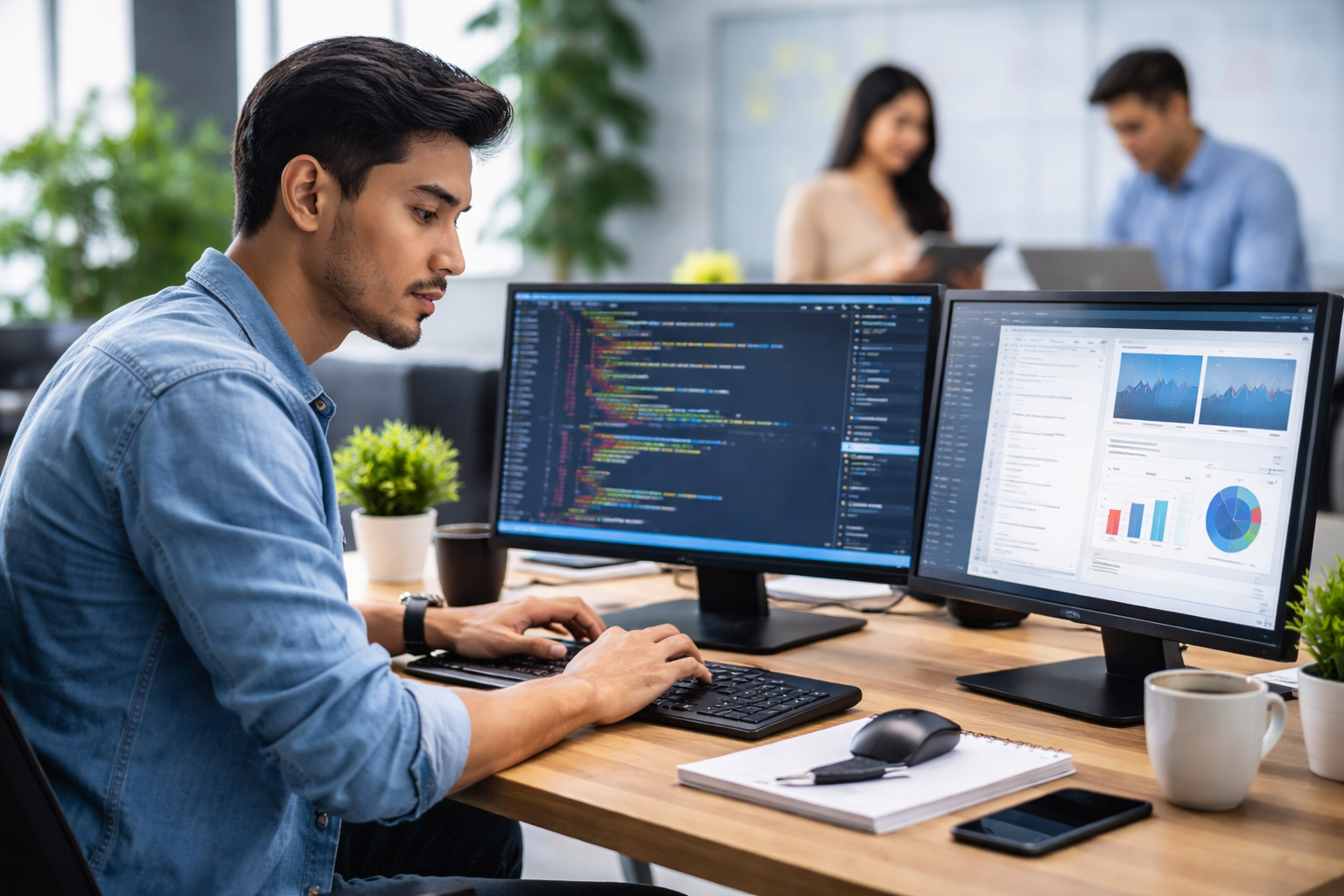 Seorang programmer atau developer software Indonesia bekerja di depan komputer dengan dual monitor menampilkan kode program di kantor modern sebagai ilustrasi jasa website dan pengembangan aplikasi profesional.