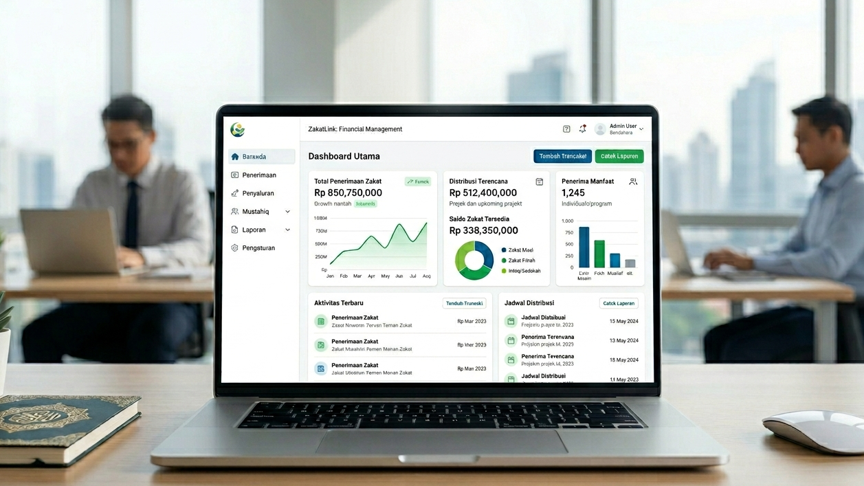 Sebuah laptop di atas meja kayu menampilkan dasbor perangkat lunak manajemen keuangan zakat bernama di lingkungan kantor yang cerah dengan latar belakang kota dan dua pria bekerja dengan laptop.