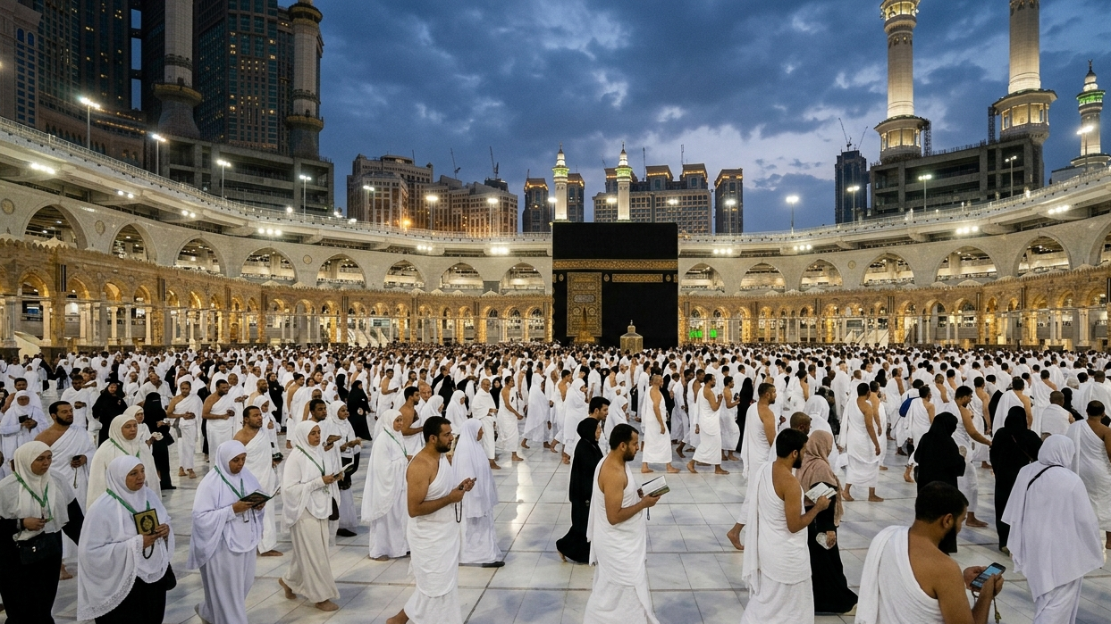 Ribuan jamaah umrah pria dan wanita mengenakan kain ihram putih sedang melakukan tawaf mengelilingi Ka'bah di Masjidil Haram, Makkah, pada waktu senja.