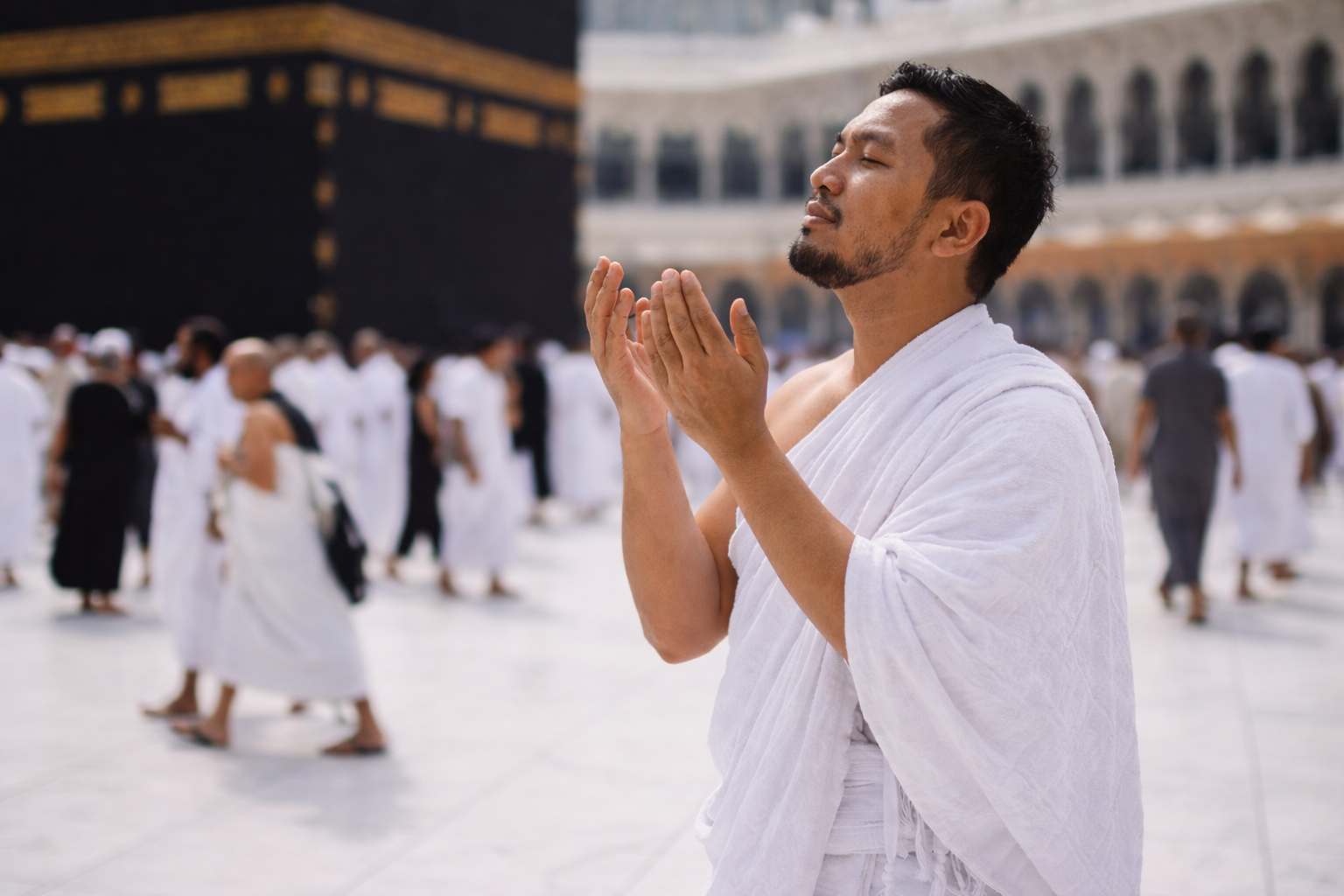 jamaah umrah sedang berdoa di depan ka'bah saat menjalankan ibadah umrah di masjidil haram makkah