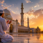 Seorang pria Muslim sedang berdoa di halaman masjid megah saat matahari terbenam