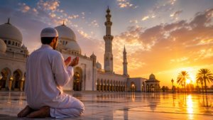 Seorang pria Muslim sedang berdoa di halaman masjid megah saat matahari terbenam