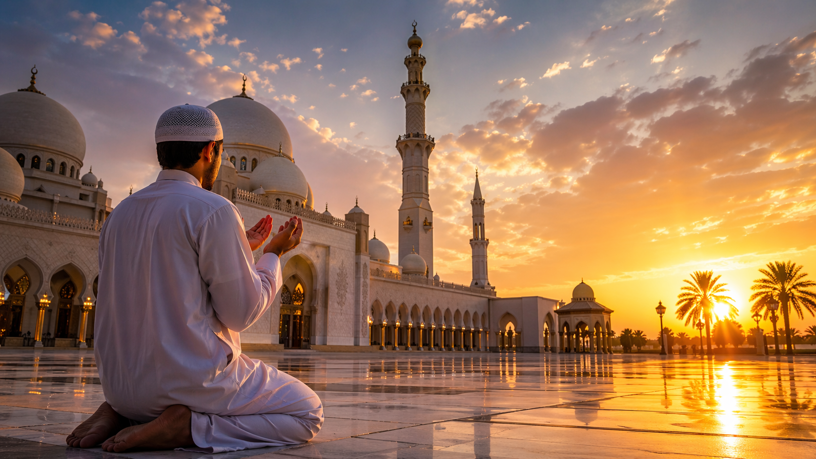 Seorang pria Muslim sedang berdoa di halaman masjid megah saat matahari terbenam
