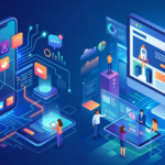 Ilustrasi isometrik pengembangan aplikasi mobile Android iOS dan pembuatan website perusahaan profesional dengan desain UI UX modern.