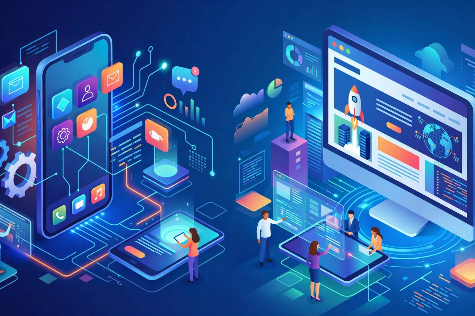 Ilustrasi isometrik pengembangan aplikasi mobile Android iOS dan pembuatan website perusahaan profesional dengan desain UI UX modern.