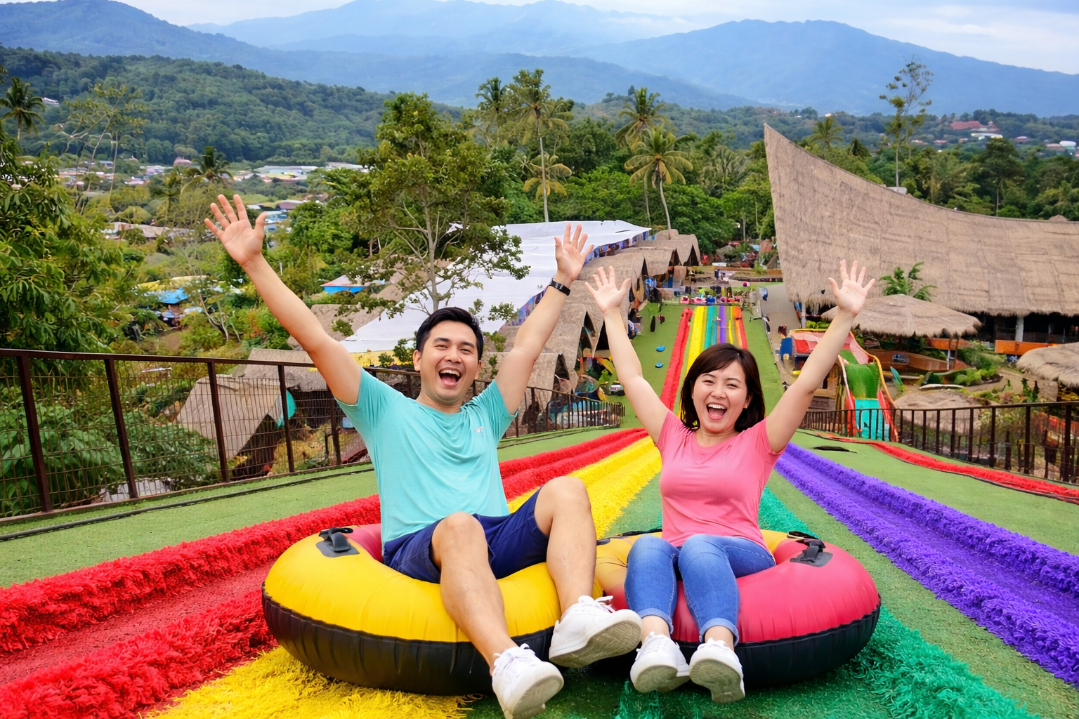 wisatawan bermain seluncuran warna-warni di Dusun Semilir Semarang dengan latar pegunungan