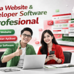 tim profesional jasa website dan developer software sedang bekerja dengan konsep warna merah dan hijau modern