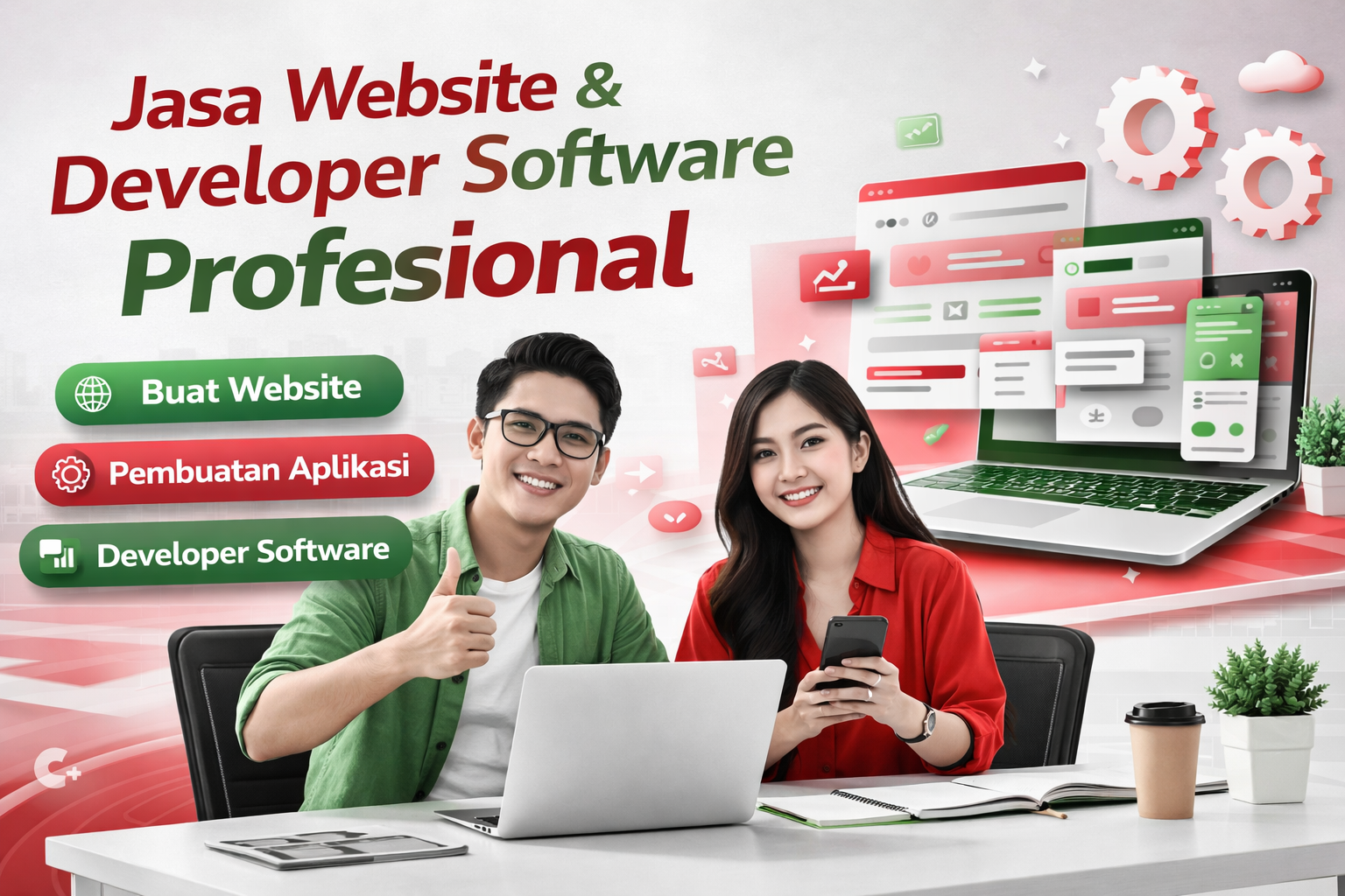 tim profesional jasa website dan developer software sedang bekerja dengan konsep warna merah dan hijau modern