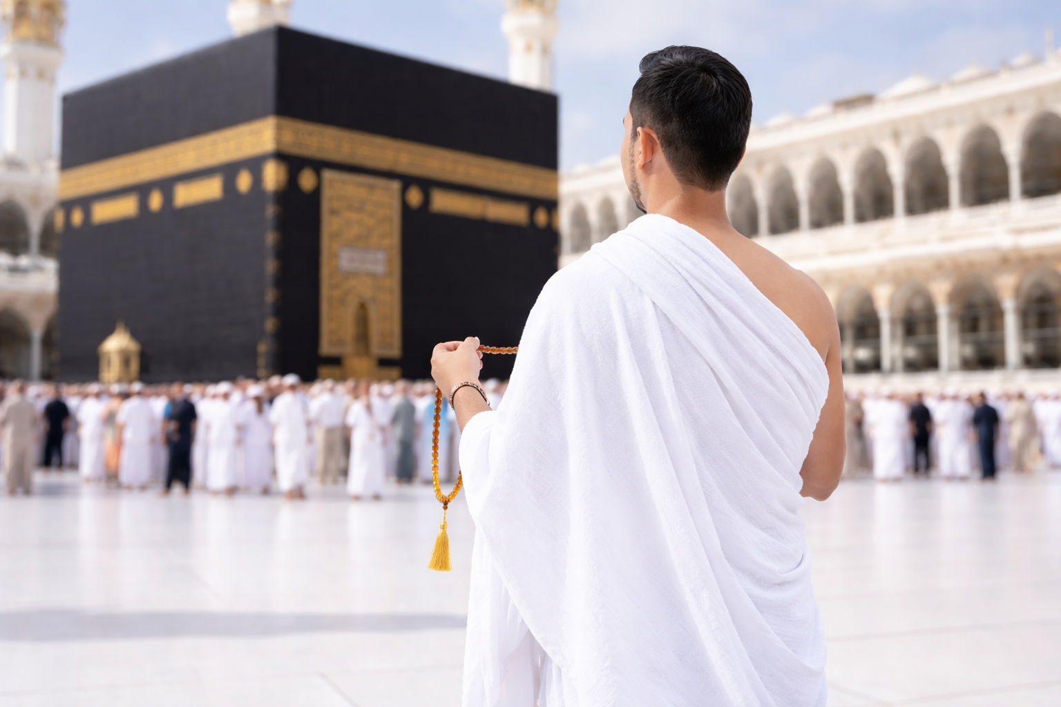 Jamaah umroh dari belakang membawa tasbih di depan ka'bah dengan rombongan di masjidil haram