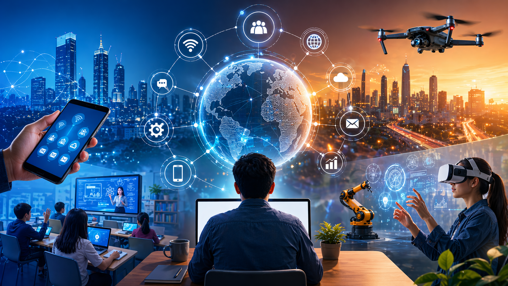 Ilustrasi teknologi di era digital dengan konektivitas global, AI, IoT, dan aktivitas modern