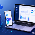 Ilustrasi laptop, smartphone, server database, dan cloud computing tanpa teks dengan tampilan sistem informasi digital modern