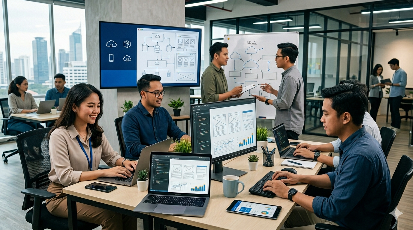 ilustrasi jasa pembuatan software aplikasi dan sistem web profesional untuk perusahaan dengan dashboard digital dan tim developer