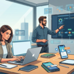 Ilustrasi jasa website dan developer software dengan tampilan laptop, coding, dan aplikasi digital modern