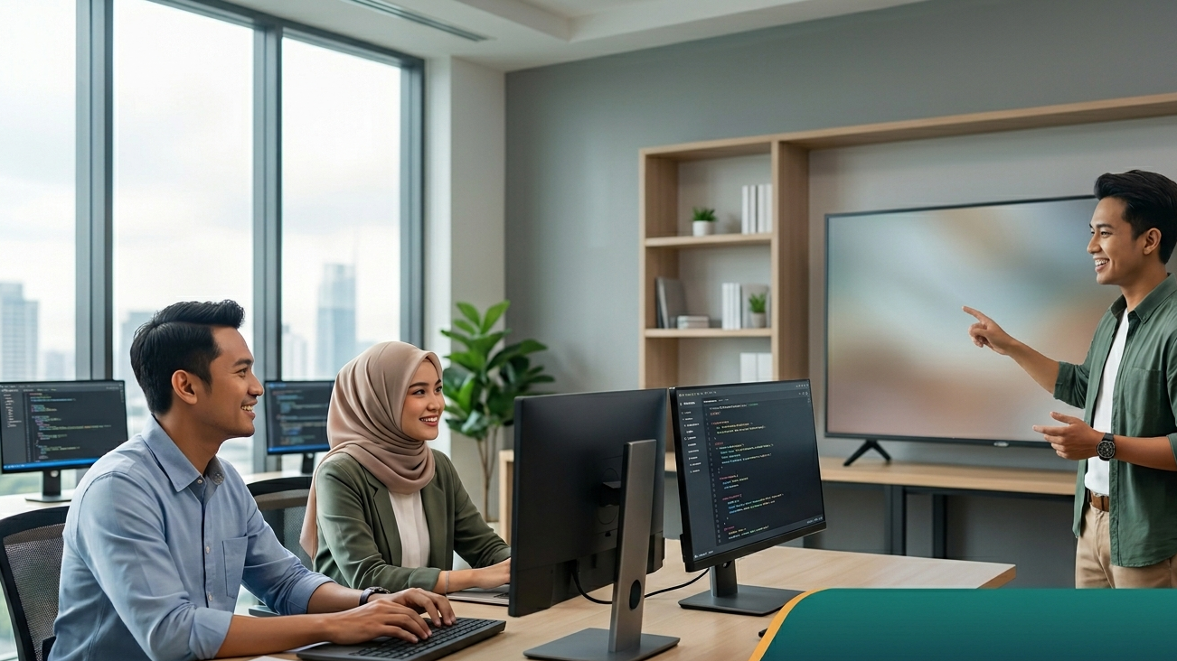 Iklan Jasa Pembuatan Software Terpercaya dengan Harga Terjangkau menampilkan tiga tim developer di kantor sedang mempresentasikan proyek mereka.