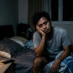 Pria mengalami susah tidur di malam hari, terbaring di tempat tidur sambil menatap jam karena insomnia