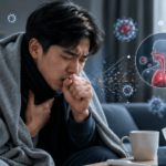 Pria muda sedang batuk dengan ilustrasi virus di sekitarnya dan gambaran infeksi pada paru-paru
