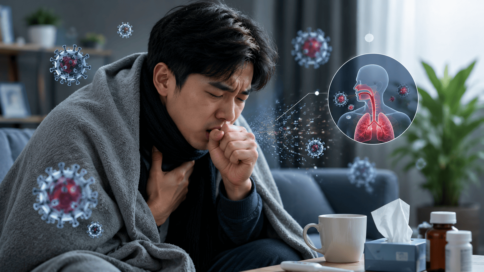 Pria muda sedang batuk dengan ilustrasi virus di sekitarnya dan gambaran infeksi pada paru-paru