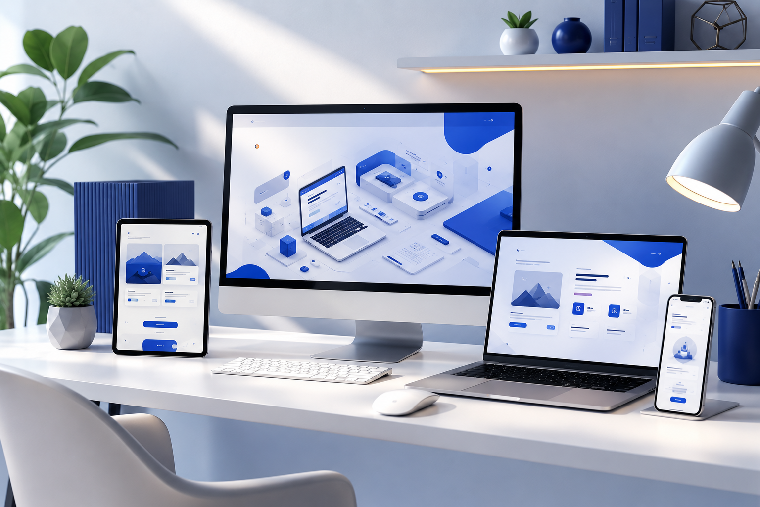 Workspace modern untuk jasa pembuatan website dan software profesional dengan tampilan digital estetik