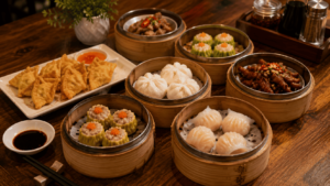 Aneka dimsum di atas meja kayu estetik dengan suasana hangat khas kuliner malam Semarang
