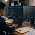 Programmer sedang bekerja membuat aplikasi dan software di depan laptop dan monitor pada ruang kerja modern