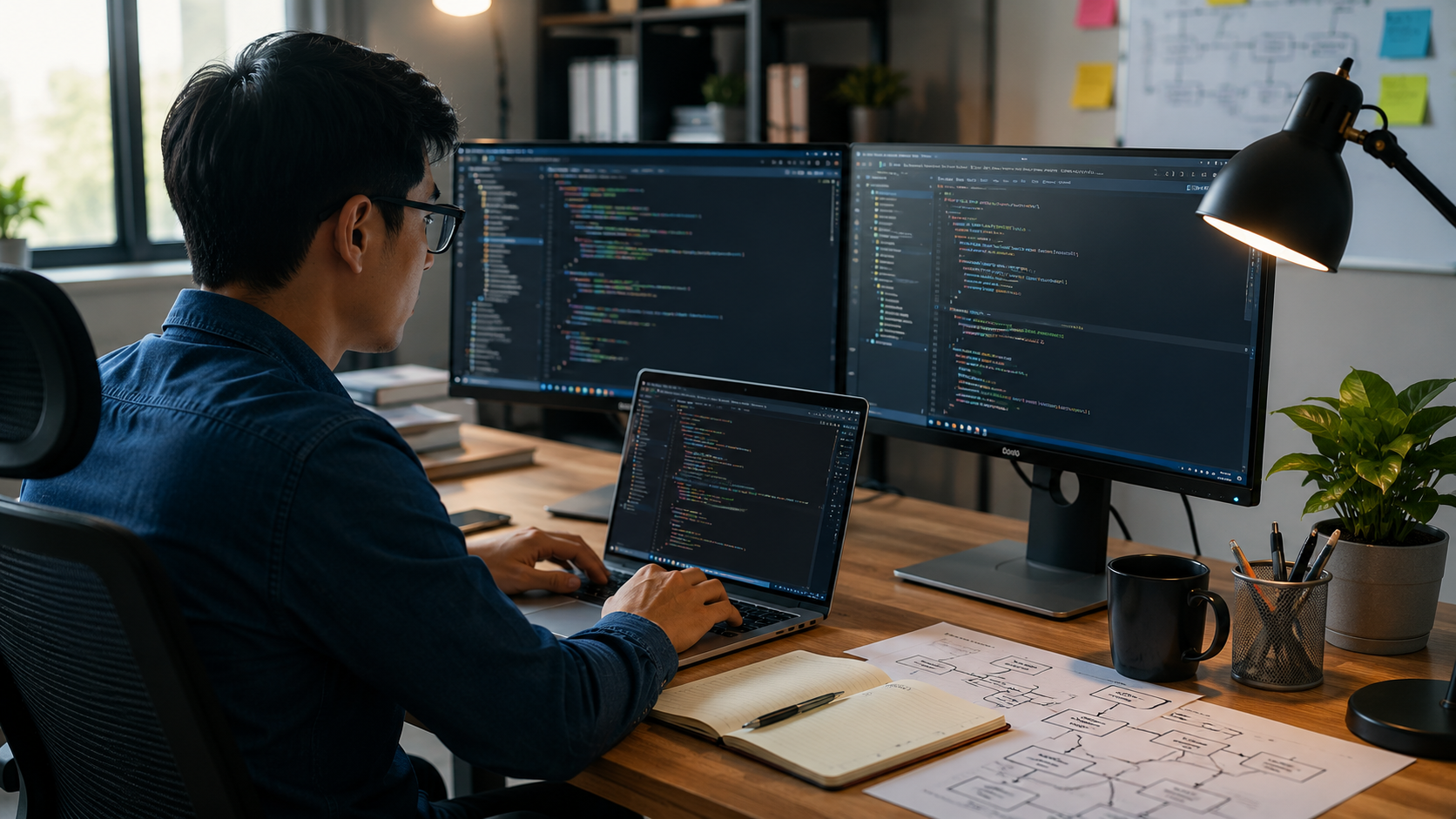 Programmer sedang bekerja membuat aplikasi dan software di depan laptop dan monitor pada ruang kerja modern