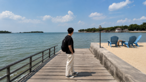 Pria sedang menikmati pemandangan laut di dermaga pantai dengan suasana cerah dan tenang