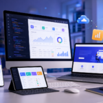 Workspace modern pengembangan aplikasi dan website dengan tampilan dashboard digital di berbagai perangkat seperti komputer, laptop, tablet, dan smartphone.