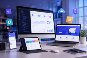 Workspace modern pengembangan aplikasi dan website dengan tampilan dashboard digital di berbagai perangkat seperti komputer, laptop, tablet, dan smartphone.