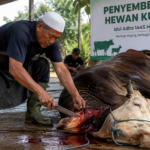 Seorang bapak sedang memotong sapi kurban saat perayaan Iduladha di area penyembelihan terbuka.
