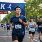 Peserta running 5K sedang berlari di jalan taman kota dengan suasana pagi yang cerah